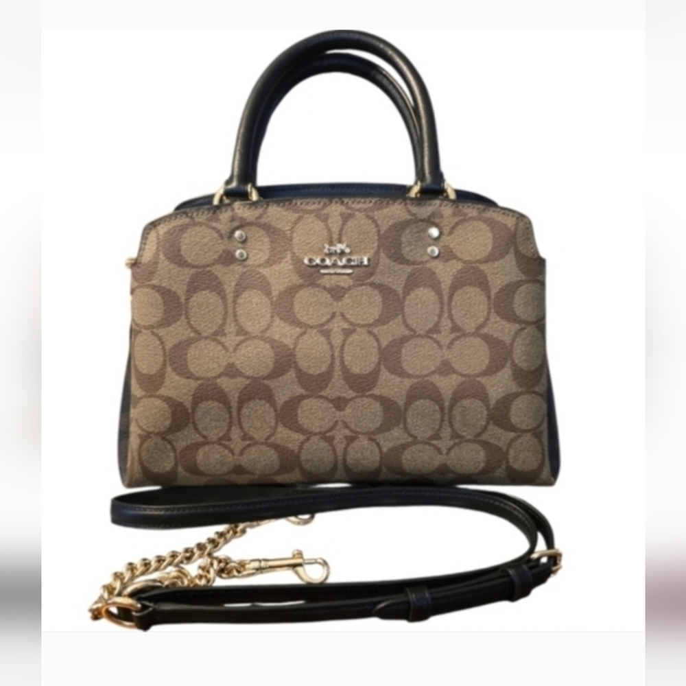 Coach Mini Lillie Carryall Colorblock Signature Black Canvas Gold Khaki